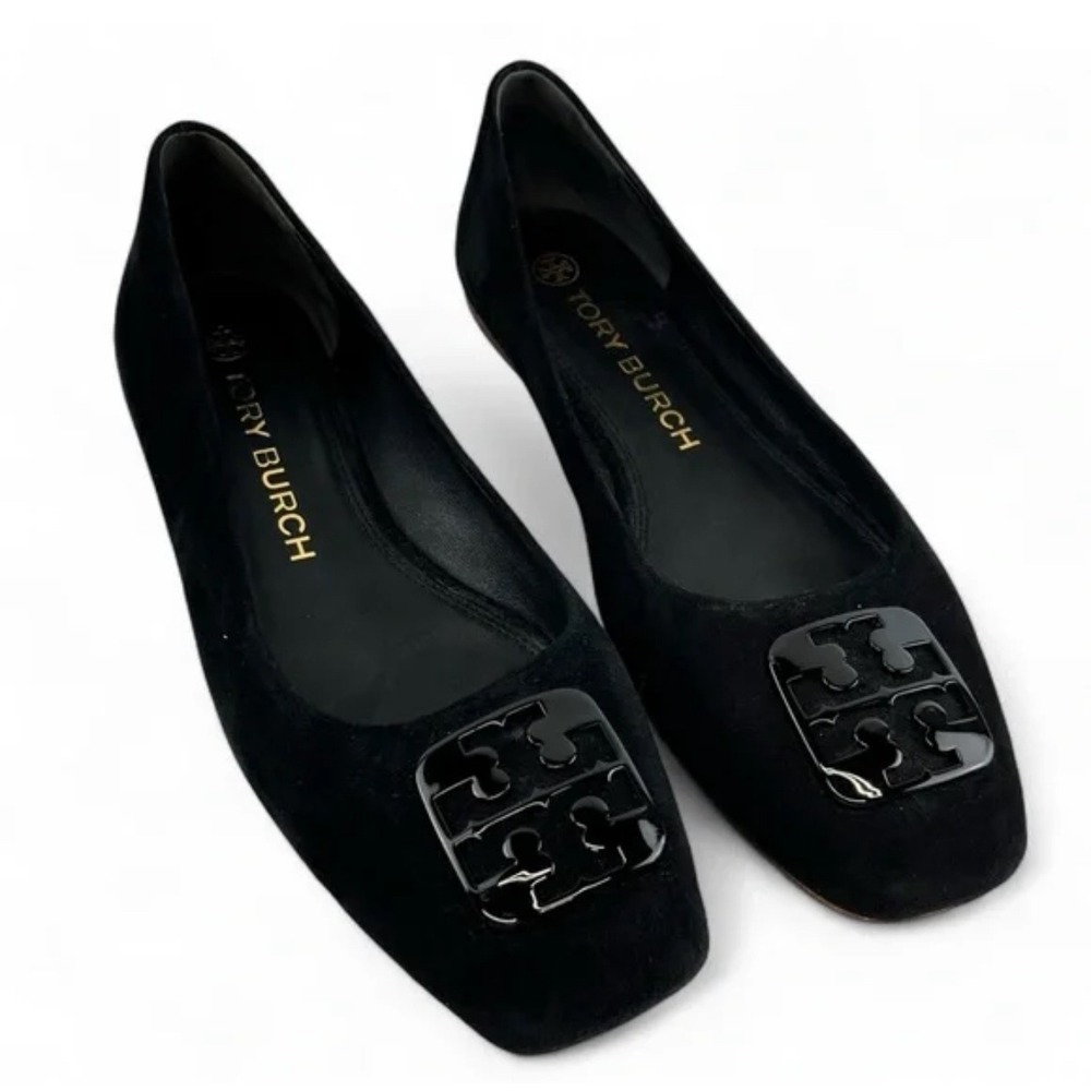 Tory Burch Suede Square Toe Flats Women 9M Black Good Patent Logo Ballet Shoes